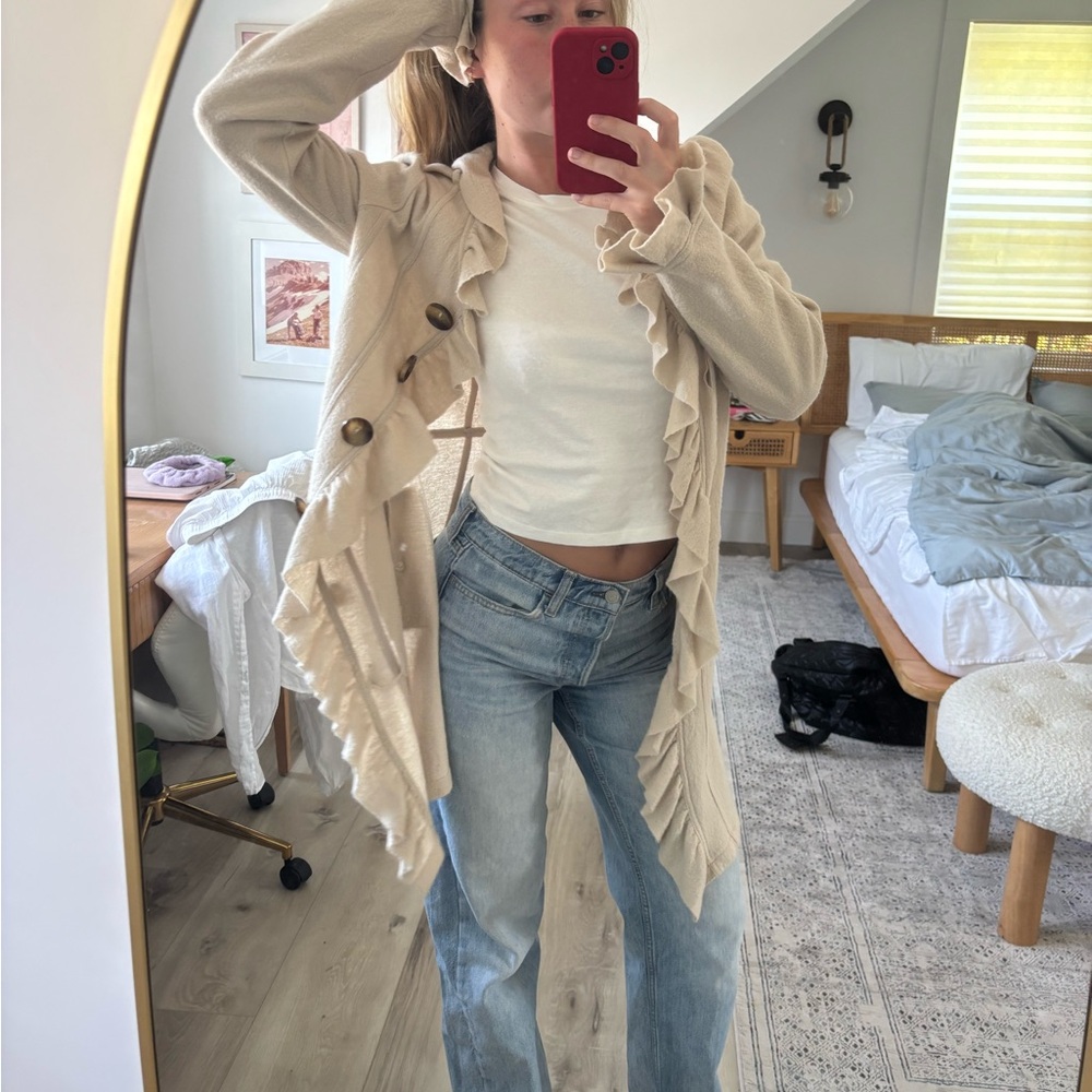 Cream Ruffle Button-Up Coat - Picture 2 of 6